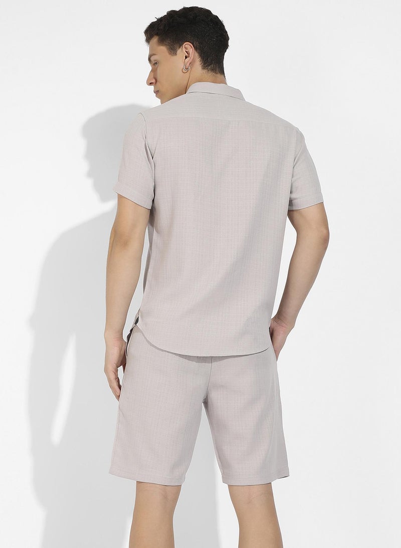 Campus Sutra Men's Beige Basic Textured Co-Ord Set For Casual Wear | Spread Collar | Short Sleeve | Button Closure | Cotton Co-Ords Crafted With Comfort Fit For Everyday Wear - Image 5
